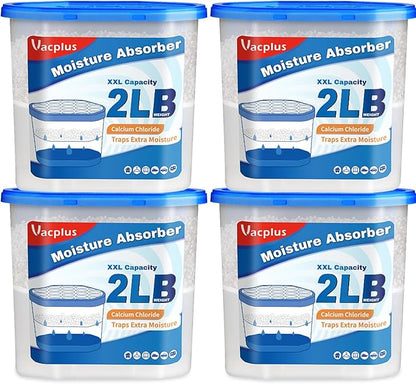 Vacplus Moisture Absorber Buckets – Large Capacity Dehumidifier and Humidity Absorber for Closet, Basement, Bathroom, RV, and Storage Areas, Unscented, 2 lbs, 4 Pack
