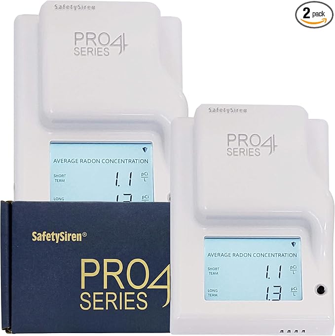Safety Siren Pro4 Home Radon Gas Detector, Continuous Monitoring for Indoor Use with LED Indicators and Long-Term Radon Tracking, Real-Time Alerts, Digital Display and Alarm Function - 2 Pack