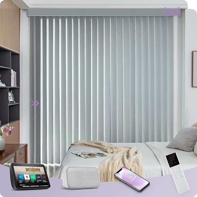 Graywind Motorized Sheer Vertical Blinds Compatible with Alexa Google Smart Sheer Curtain Drapery Privacy Light Filtering Remote Control Vertical Shades, Custom Width Up to 157", Light Grey