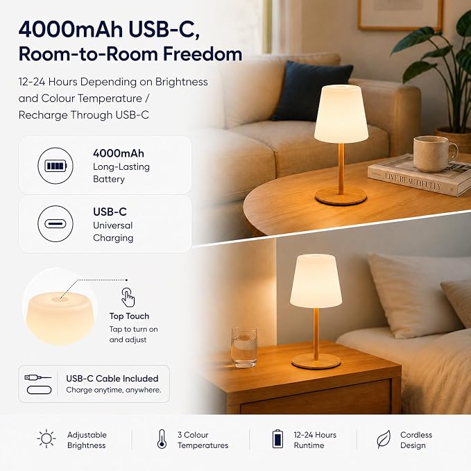 IP65 Waterproof Shower Lamp, Cordless Rechargeable Table Lamp, Wood Grain | 4000mAh Battery Operated Lamp, Spa-Like Glow for Showers, Vanity, Bedside and Patios; 3 Color Temperatures, Touch Dimming