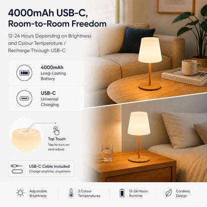 IP65 Waterproof Shower Lamp, Cordless Rechargeable Table Lamp, Wood Grain | 4000mAh Battery Operated Lamp, Spa-Like Glow for Showers, Vanity, Bedside and Patios; 3 Color Temperatures, Touch Dimming