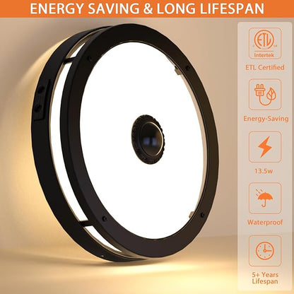 Outdoor Motion Sensor Flush Mount Ceiling Light, LED Outdoor Ceiling Light Fixture 2 Pack, 12" Dusk to Dawn Porch Ceiling Light, Black Modern Exterior Light for Farmhouse Garage Hallway Entry