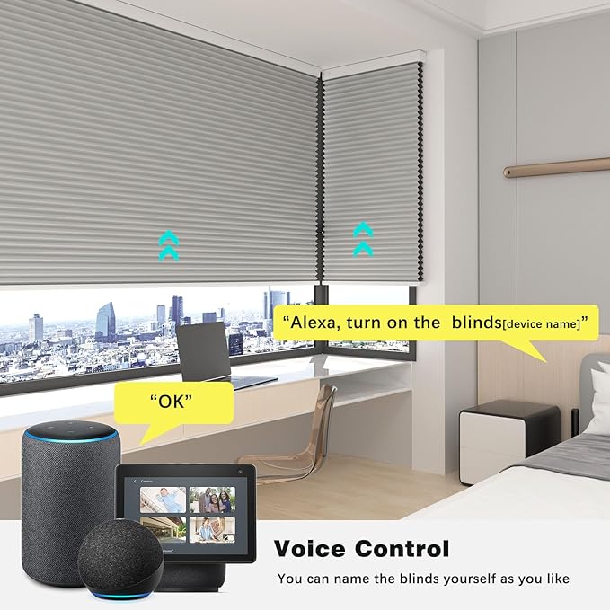 Changshade Motorized Cellular Shades with Remote Control Automatic for Indoor Windows Doors, Smart Blackout Blinds Auto Electric Power, Custom Size Honeycomb Blind Work with Alexa, Google Home, Grey