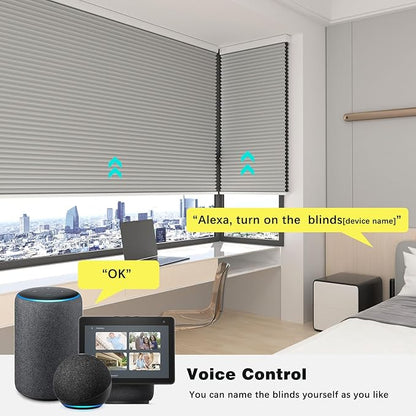 Changshade Motorized Cellular Shades with Remote Control Automatic for Indoor Windows Doors, Smart Blackout Blinds Auto Electric Power, Custom Size Honeycomb Blind Work with Alexa, Google Home, Grey