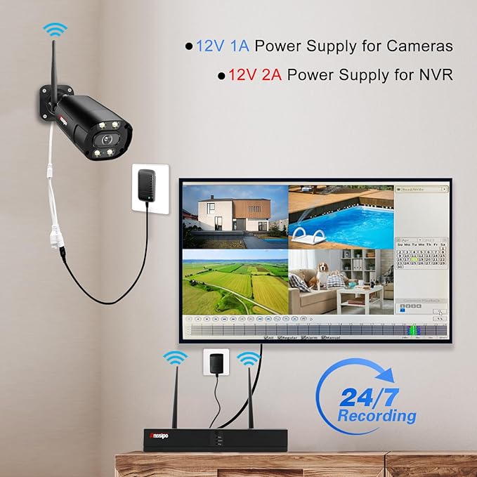 24/7 Continuous Recording 4K WiFi Security Camera System, 5MP Plug-in Home Cameras, 8 Channel NVR with 1TB Hard Drive, 4 Camera Kit, 2 Way Audio, AI Detection, Spotlights Night Vision