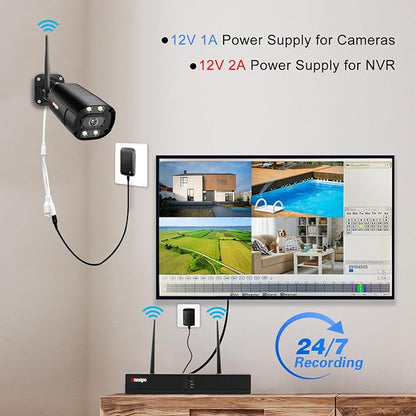 24/7 Continuous Recording 4K WiFi Security Camera System, 5MP Plug-in Home Cameras, 8 Channel NVR with 1TB Hard Drive, 4 Camera Kit, 2 Way Audio, AI Detection, Spotlights Night Vision