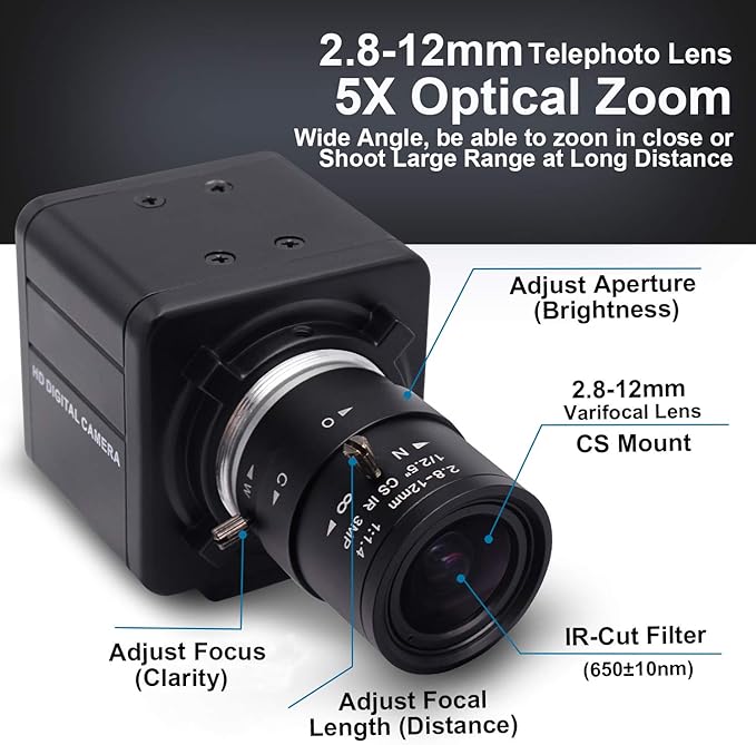 SVPRO 1080P USB Camera with Zoom 2.8-12mm Varifocal Lens,Manual Focus, IMX323 Sensor,Low Light Zoom Webcam UVC USB Plug and Play External Computer Camera for PC,Laptop, Support H.264
