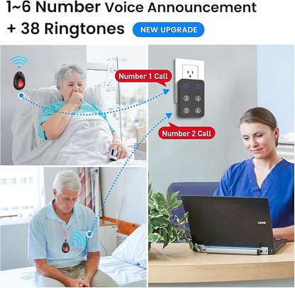 CallToU Wireless Call Button Caregiver Pager Nurse Call System for Elderly /Patients at Home /Hospital with Voice Announcements and LED Number Display (6 Waterproof Call Button & 1 Receiver)
