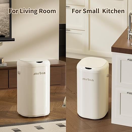 MRBIN Metal Motion Sensor Tall Kitchen Trash Can with Lid and Wheel, 8 Gallon Automatic Garbage Pail Touchless, Electric Covered Waste Basket for Bedroom, Rv, Office, Restroom, Cream White