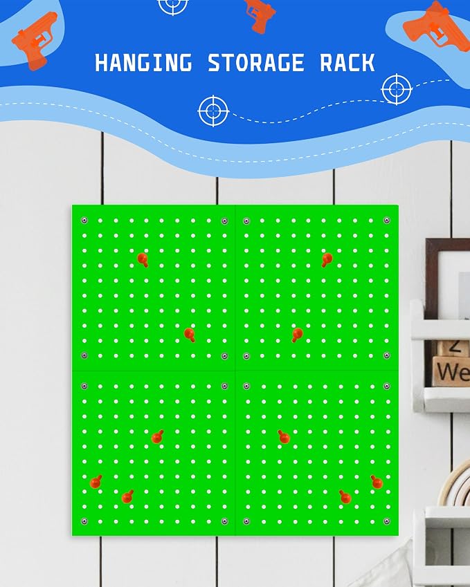 Wooden Peg Board for Nerf Gun Storage Organizer 13 x 13 x 0.31 In - Green | 4 MDF Panels, 20 Wooden Pegs, Compatible with All Blasters Nerf Gun Rack Organizer for Wall Organization
