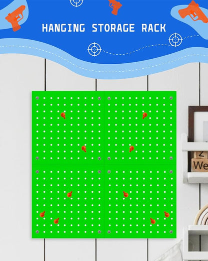 Wooden Peg Board for Nerf Gun Storage Organizer 13 x 13 x 0.31 In - Green | 4 MDF Panels, 20 Wooden Pegs, Compatible with All Blasters Nerf Gun Rack Organizer for Wall Organization