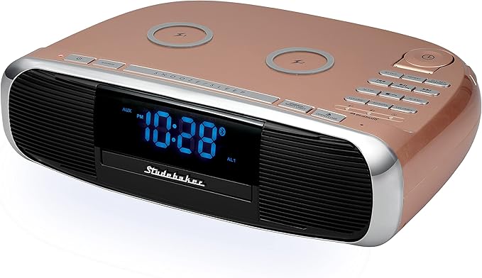 Studebaker Workstaton HiFi Music System with Bluetooth, FM Radio, CD, and Qi Wireless Charging Station (Rose Gold)