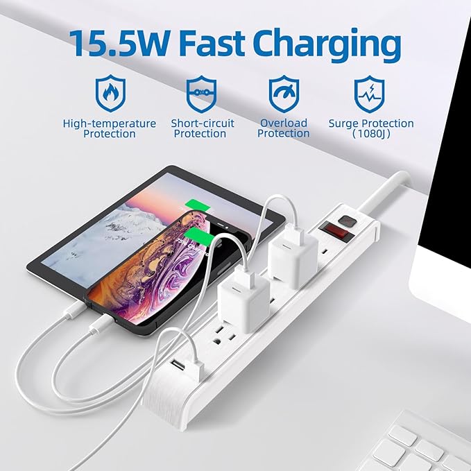 TiFFCOFiO Power Strip Surge Protector, 6 Outlets with 2 USB Ports, 6 Feet Extension Cord, 600 Joules, Wall Mountable for Home, Office and Dorm, 15A/1875W, ETL Listed (20, Feet)