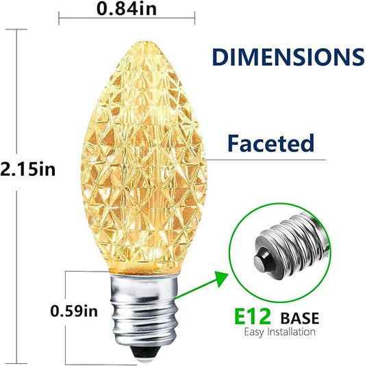 25 Pack C7 LED Replacement Bulbs- Warm White Bulbs Dimmable for Christmas Outdoor Indoor String Lights, IP65 Waterproof White LED Night Light Bulbs, 0.72 Watts, C7/E12 Candelabra Base