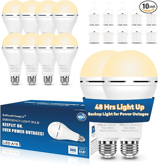BoRccdit KeepLit 10 Pack Emergency Rechargeable Light Bulbs, 48H Long Lasting & 3 Brightness Power Outage Light,12W 3000K Battery Backup Emergency Light Bulbs for Home Power Failure Hurricane