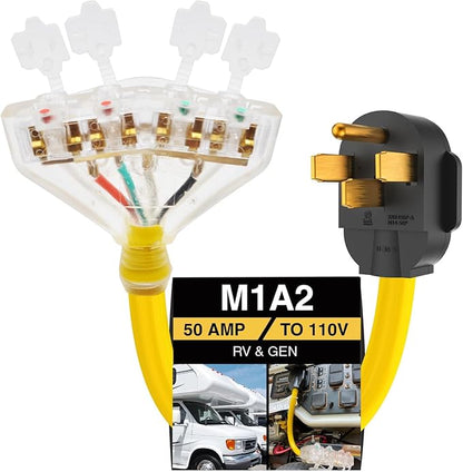 50 Amp to 110 Adapter NEMA 14-50P to 4X 5-20R Household with Dust Caps