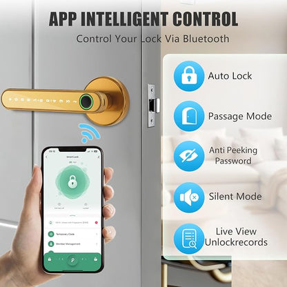 Smart Door Lock with Knob, Keyless Entry Door Locks with Handle, Fingerprint Door Knob for Bedroom/Front Door/Apartment,Generate Passcode Gold