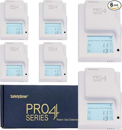 Safety Siren Pro4 Radon Gas Detector - Commercial & Multi-Unit Indoor Radon Monitoring System for Offices, Properties, and Large Buildings with Digital Display and Alarm Function - Pack of 6