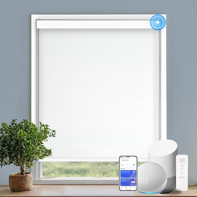 Motorized Blinds with Remote Cordless Automatic Motorized Shades Custom Blinds for Windows Smart Curtains Compatible with Alexa Google Home(Light Filtering Jacquard White,Custom Size)