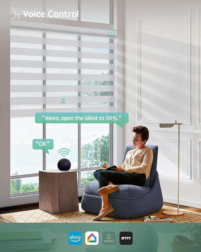 Yoolax Motorized Zebra Blinds Compatible with Alexa,Motorized Blinds with Remote Smart Automatic Custom Electric Window Blinds Cordless Indoor Room Darkening for Home Bedroom Kitchen (Pearl White)