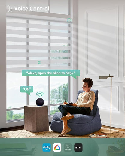 Yoolax Motorized Zebra Blinds Compatible with Alexa,Motorized Blinds with Remote Smart Automatic Custom Electric Window Blinds Cordless Indoor Room Darkening for Home Bedroom Kitchen (Pearl White)