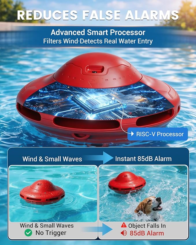 Smart Pool Alarm with App for Inground & Above Ground Pools, Adjustable Sensitivity Water Detection Alarm up to 20x40ft, 85dB+ Safety Alerts for Kids, Pets & Accidental Entry(Red)