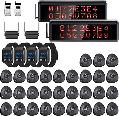 Restaurant Pager System 1600+ Ft Long Range Wireless Calling System with 2 Display Screens/30 Waterproof Call Buttons/2 Remote Controls/4 Watch Pagers/2 Signal Amplifiers