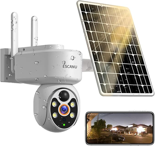 ESCANU Wireless Home Security Cameras,Solar Power PTZ Outdoor Cameras,Motion Detection,Night Vision,Water-Proof,2-Way Audio,No Subscription Fee,Cloud/SD Card Storage