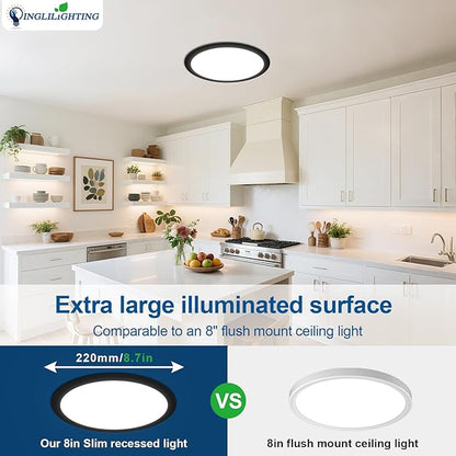 DLLT LED Recessed Ceiling Light: 6 Pack 8 Inch Slim Recessed Lighting for Kitchen - 5CCT Dimmable Canless Wafer Downlight for Living Room - 1800LM Brightness 18W LED Can Lights for Bedroom ETL FCC
