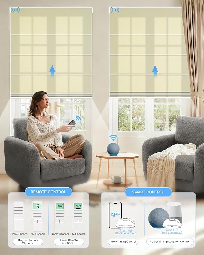 Motorized Roman Shades for Windows, Custom Light Filtering Roman Blinds with Remote, Smart Privacy Window Shades for Living Room Kitchen Office, Alexa & Google Home Compatible, App Control via RF Hub