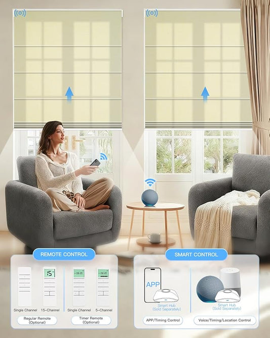 Motorized Roman Shades for Windows, Custom Light Filtering Roman Blinds with Remote, Smart Privacy Window Shades for Living Room Kitchen Office, Alexa & Google Home Compatible, App Control via RF Hub