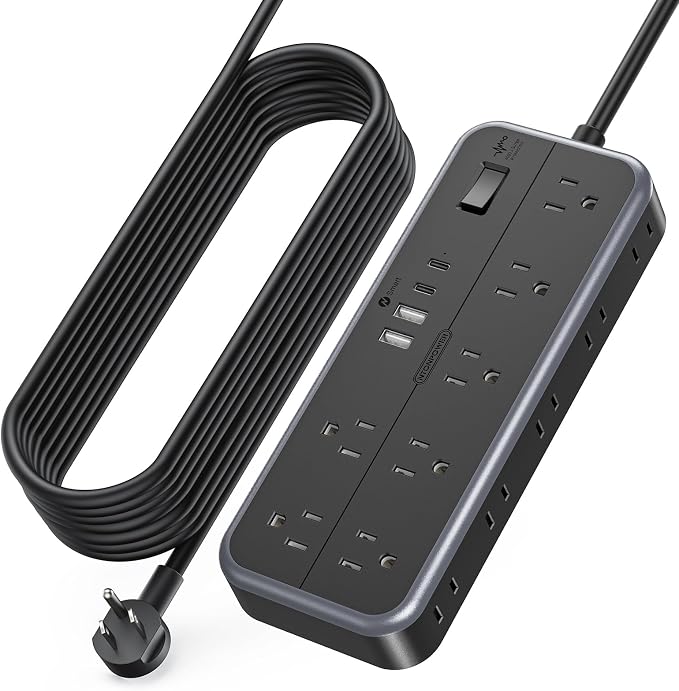 NTONPOWER 25 FT Extension Cord 10 Widely Spaced Outlets, 4 USB Port(2 USB C Port), Ultra Thin Flat Plug Extension Cords 25 Feet, Long Extension Cord for Home Office Garage, Black