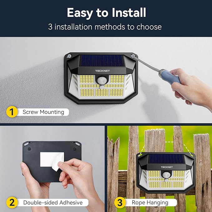 TECKNET 231 LED Solar Motion Lights Outdoor, 300° Angle & 3 Lighting Modes, PIR Motion Sensor & IP65 Security Solar Wall Lights for Fence Front Door Yard Deck Garden Garage(6 Pack-Cool Light)