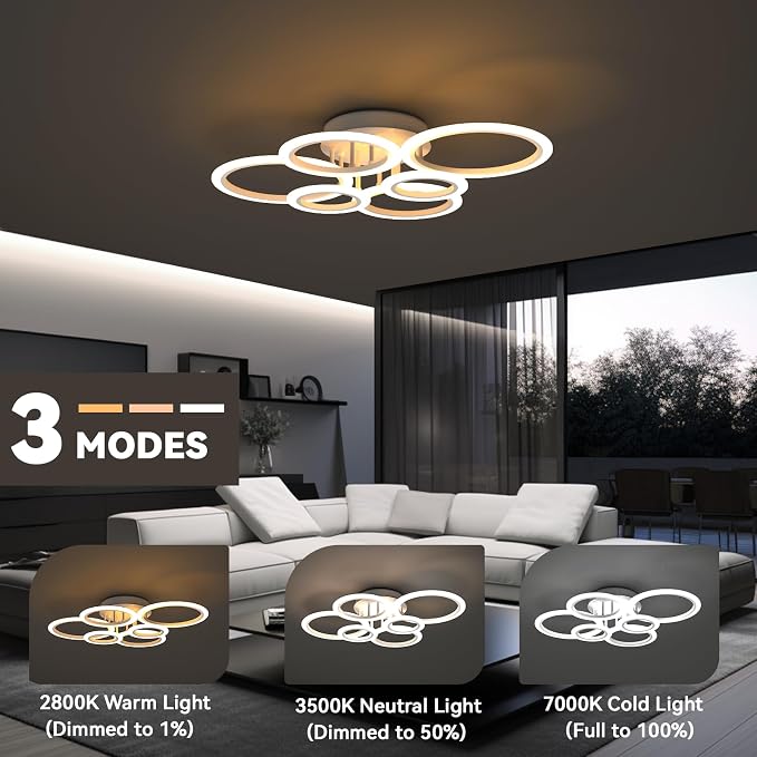 72W 6 Ring LED Ceiling Light Dimmable for Living Bedroom Kitchen | Smart App & Remote Control, 2800K-7000K Adjustable, Modern Flush Mount Ceiling Lamp for Multi-scene Indoor
