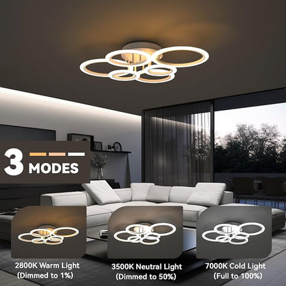 72W 6 Ring LED Ceiling Light Dimmable for Living Bedroom Kitchen | Smart App & Remote Control, 2800K-7000K Adjustable, Modern Flush Mount Ceiling Lamp for Multi-scene Indoor