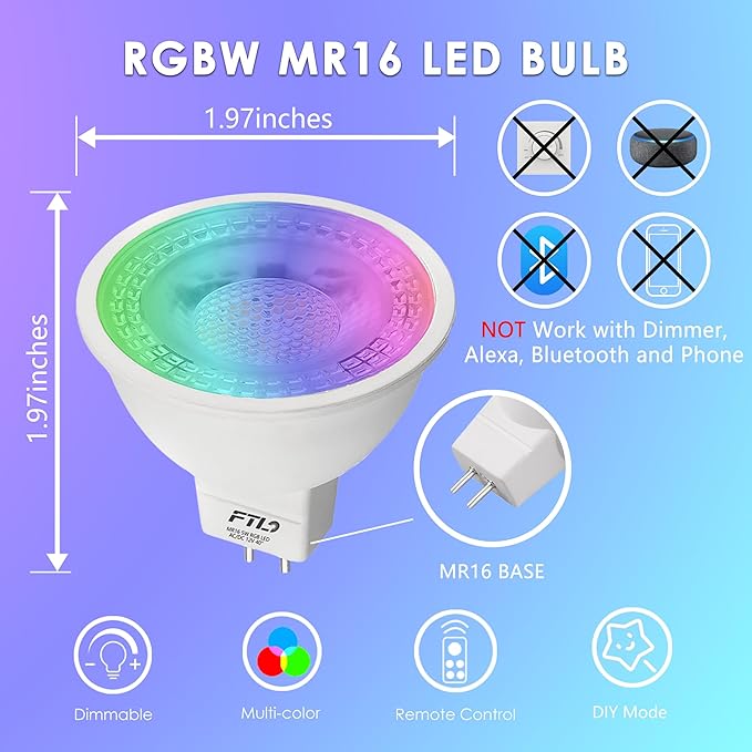 FTL MR16 LED Bulb Color Changing Light Bulbs with Remote Control,RGB Colored Bulbs Dimmable 2700K-6000K 12V 5W 40W Equivalent GU5.3, Spot Light for Landscape Lighting, Track Lighting, 6-Pack