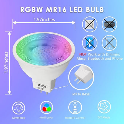 FTL MR16 LED Color Changing Light Bulb with Remote Control, 12V RGB Dimmable Colored Light Bulbs 5W=40W, 30 Color, Timer, 2700K-6000K, GU5.3 Landscape Light Bulbs for Track Recessed Lighting, 10-Pack
