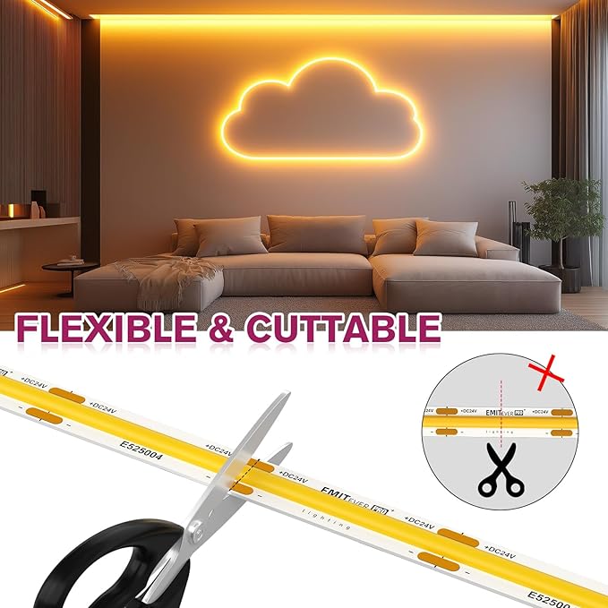 EMITEVER COB LED Strip Lights Warm White, 2700K Tape Light Premium High Density, DC 24V, 360+Lumens/ft, 5120LEDs/Spool, Ra 90+, 32.8ft/10m,UL Listed 5 Year After-Service(Power Supply Sold Separately)