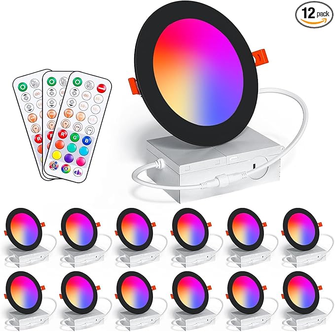 Recessed Lighting 4 Inch RGBCW Color Changing 12W LED Downlights with Junction Box,1080Lumens Canless LED Recessed Ceiling Lights Dimmable by Remote Control,Memory,Timer,Delayed Off,3 Modes, 12Pack
