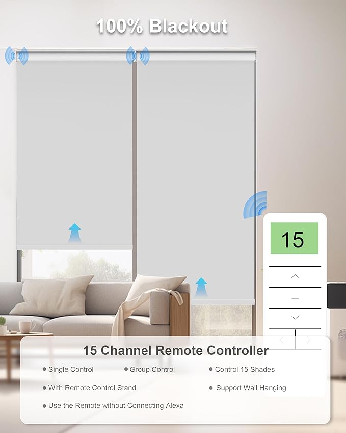 Motorized Blinds with Remote Control, Smart Blackout Automatic Blinds Work with Homekit Alexa Google Home, Rechargeable Electric Window Roller Shades with Valance, Customized Size (Vinyl Grey)