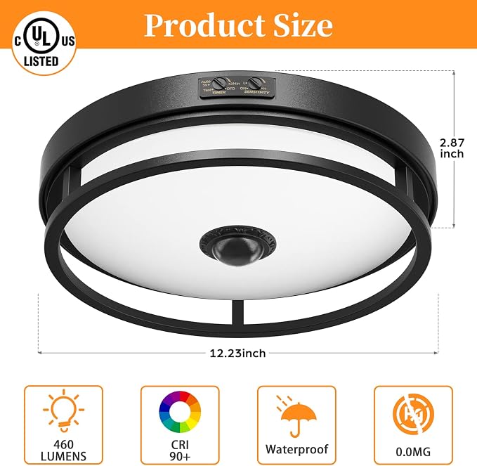 2Pack 12" LED Motion Sensor Outdoor Ceiling Light for Porch, Black