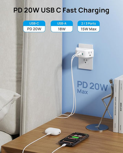 TROND Multi Plug Wall Outlet with USB C PD 20W, 2 AC Sockets | 3-Side Design Wall Outlet Extender, for Home Office Cruise Travel Essentials, White