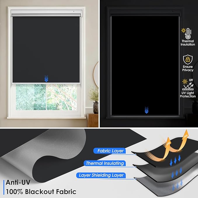 Motorized Roller Blinds with Remote Control & Solar Panel - 100% Blackout Smart Blinds, Automatic, Cordless, Electric Shades - Compatible with Alexa - Black, 35" W x 72" H