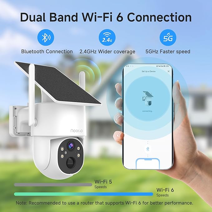Noorio 2K Solar Security Camera Wireless Outdoor, 360° Pan/Tilt Camera with Dual-Band WiFi 2.4/5G, Fixed Solar Panel, AI Human Detection, Color Night Vision, 4MP, IP65 Weatherproof, 2-Way Audio