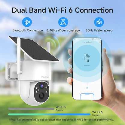 Noorio 2K Solar Security Camera Wireless Outdoor, 360° Pan/Tilt Camera with Dual-Band WiFi 2.4/5G, Fixed Solar Panel, AI Human Detection, Color Night Vision, 4MP, IP65 Weatherproof, 2-Way Audio
