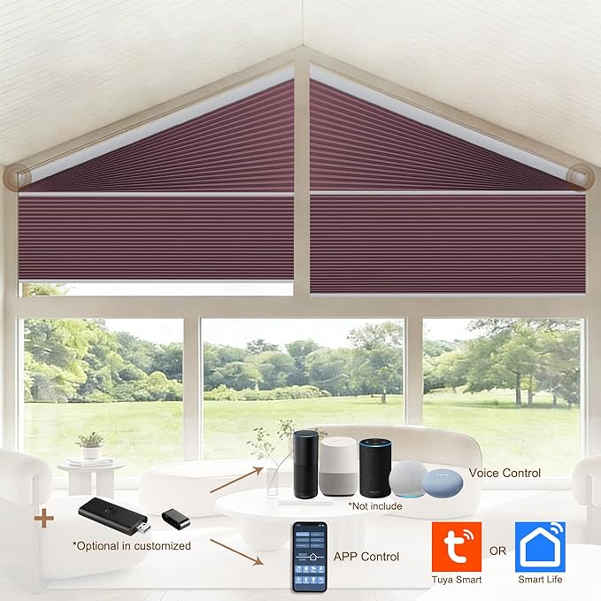 Godark Smart Angled Customized Blackout Honeycomb Blinds Suitable for Trapezoidal/Triangular/Polygonal Windows Motorized Cellular Shades Compatible with Alexa/Google Home/Tuya APP-Maroon