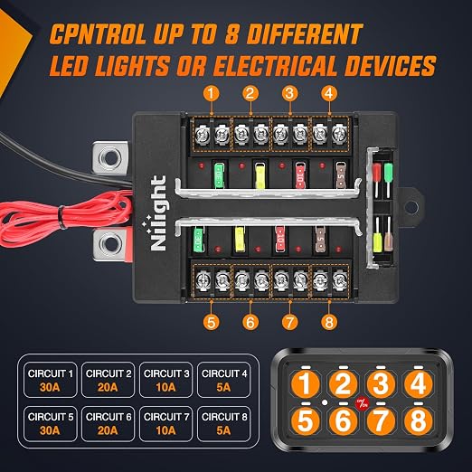 Nilight 8 Gang Switch Panel Relay System w/APP Control Automatic Dimmable | RGB Backlight Panel Circuit Control Fuse Wiring Harness ON Off LED Switches Pod for 12V 24V Cars Trucks Campers SUV