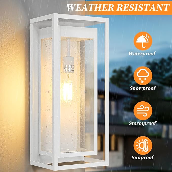 19" White Outdoor Light Fixture, 2 Pack Large Size Outdoor Sconce Lights with Clear Glass Shade, Waterproof Porch Lighting Exterior Light Fixture for Front Door, Garage