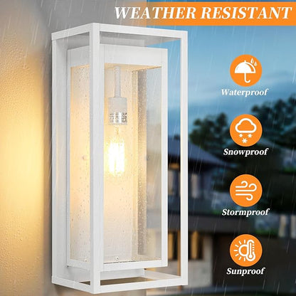 19" White Outdoor Light Fixture, 2 Pack Large Size Outdoor Sconce Lights with Clear Glass Shade, Waterproof Porch Lighting Exterior Light Fixture for Front Door, Garage