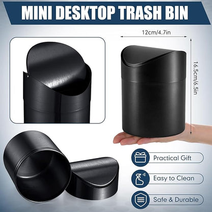 2 Pcs Desk Trash Can with Swing Lids, 12 Rolls of Trash Bags, 2L Brushed Stainless Steel Countertop Garbage Bin Small Wastebasket with Lid for Office Desk, Coffee Table (Black)